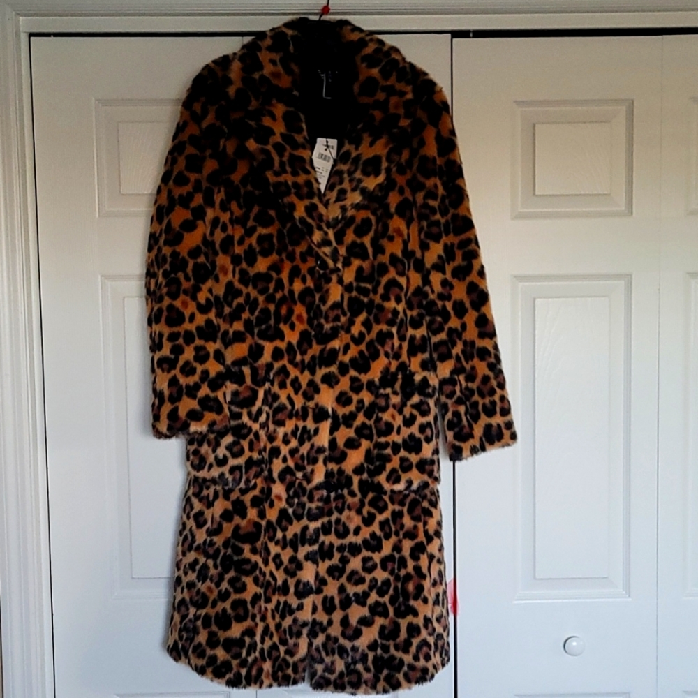 Leopard Faux Fur Coat Mid Length